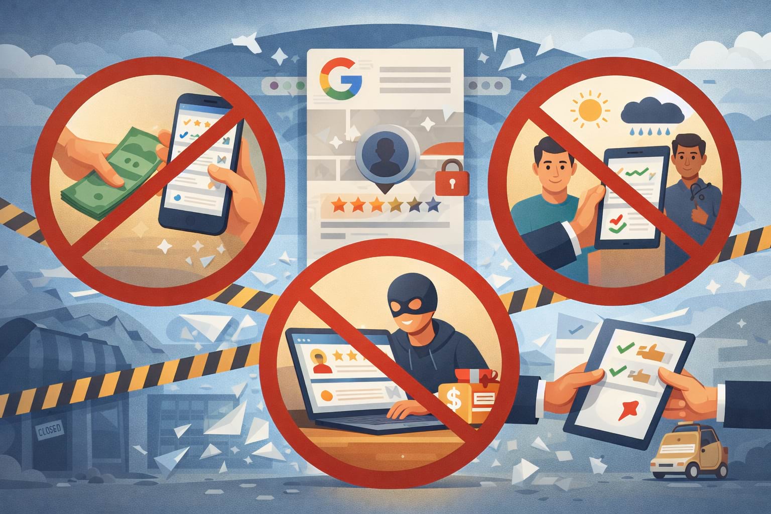 Conceptual illustration showing unethical online review practices blocked by warning symbols, highlighting risk, penalties, and the importance of honest customer feedback.