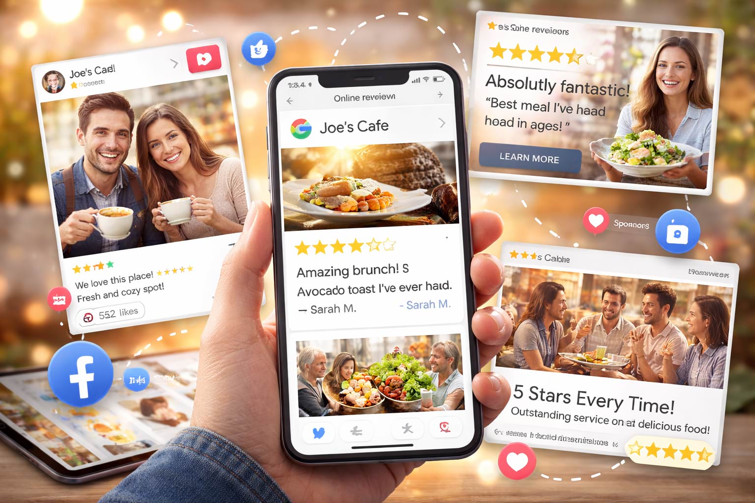 A collage features a smartphone displaying a positive review for Joe's Cafe, surrounded by smiling people enjoying meals. Emojis and star ratings highlight satisfaction.