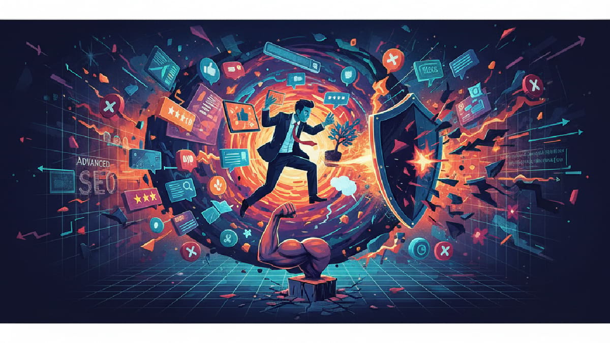 A businessman in a suit leaps through a digital vortex, symbolizing SEO challenges. Icons, shields, and a muscular arm depict strength and cybersecurity.