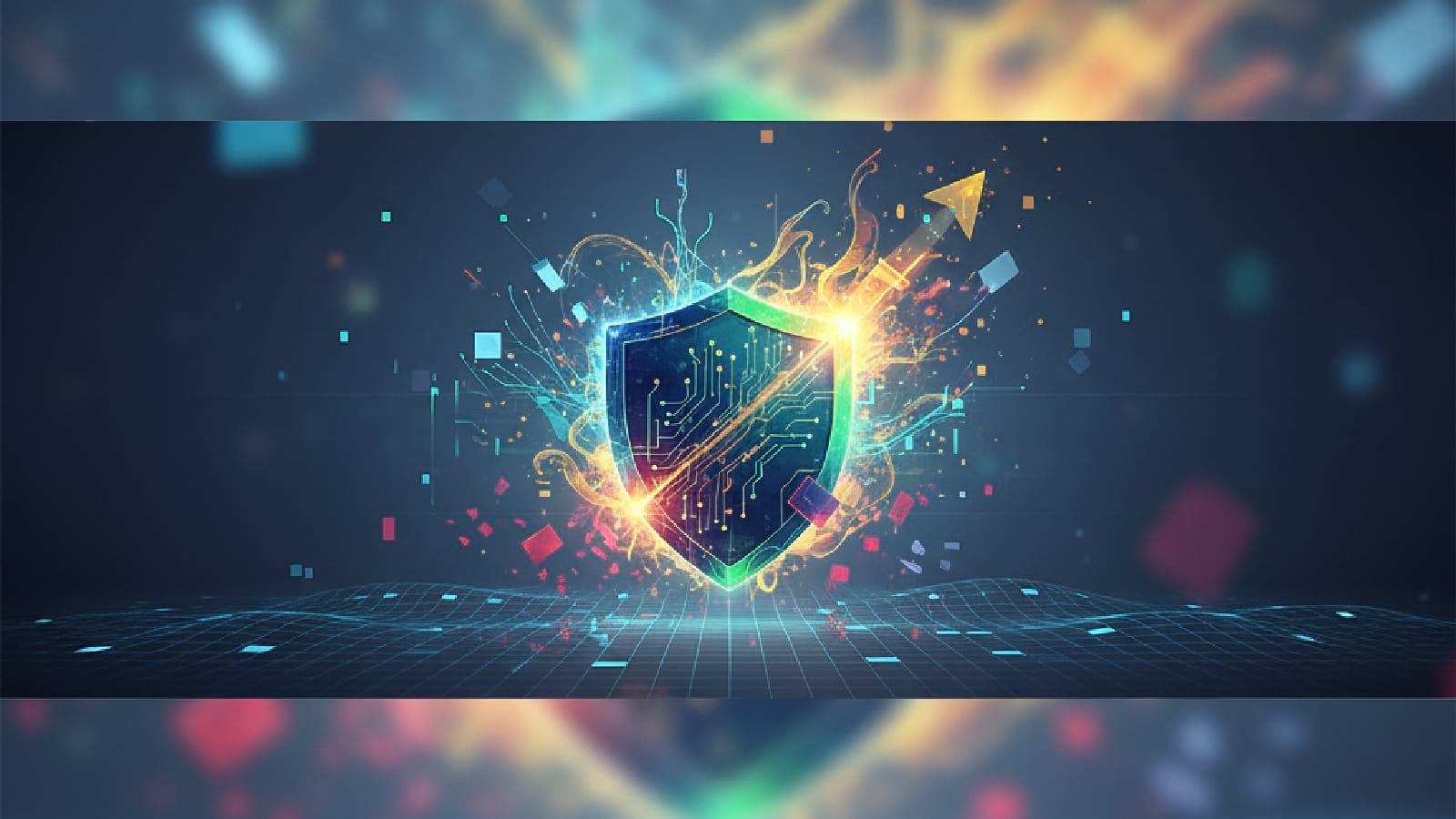 A digital shield with glowing circuits on a dark grid background, surrounded by colorful bursts and geometric shapes, symbolizing cybersecurity.