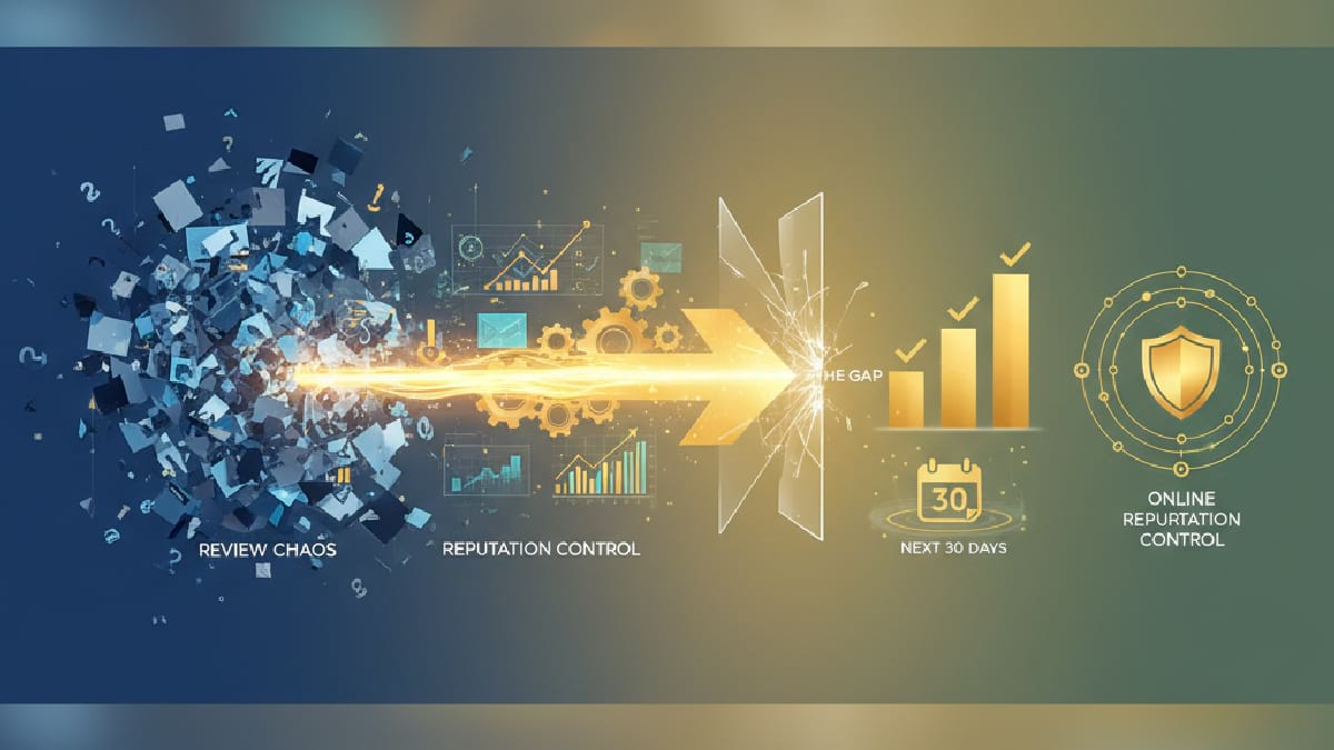 Illustration showing a 30-day journey from “Review Chaos” to “Online Reputation Control,” moving from scattered symbols to structured analytics and a protective shield.
