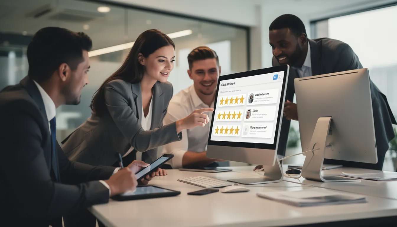 The image depicts a diverse group of business professionals collaborating around a computer, which displays positive online reviews and ratings. This scene emphasizes the importance of effective online reputation management in digital marketing, highlighting how effective customer feedback can enhance a brand's online presence and boost business success.