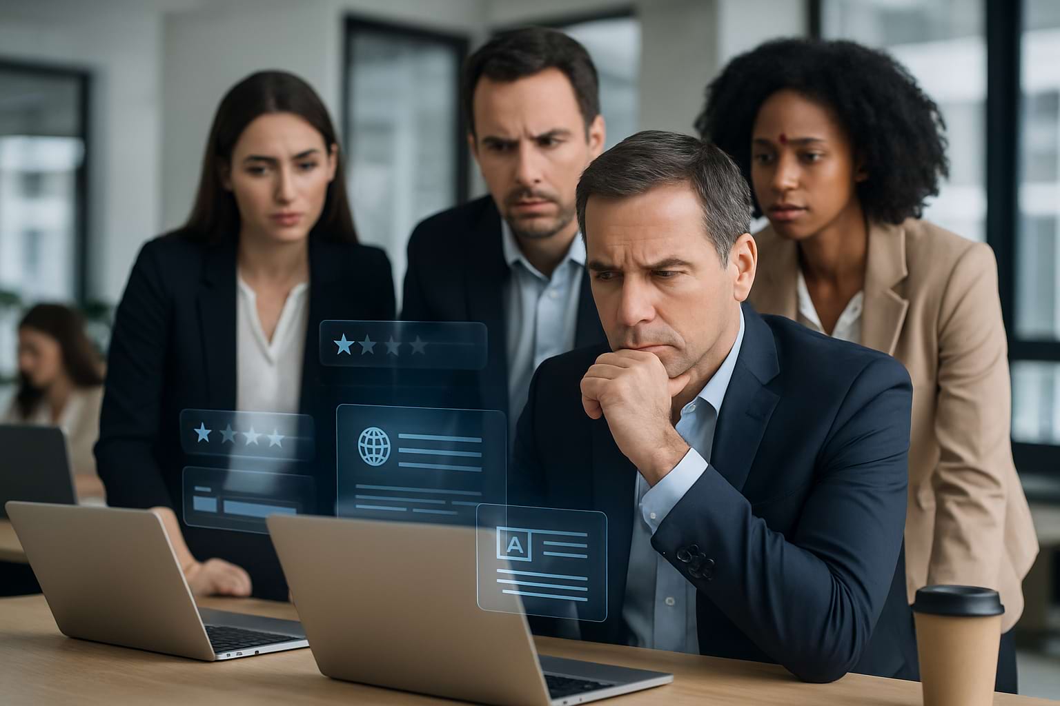 Corporate team analyzing digital credibility risks in a modern office