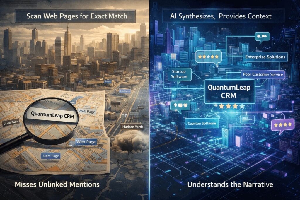 Traditional brand monitoring fails in AI search by missing context and unlinked brand mentions.