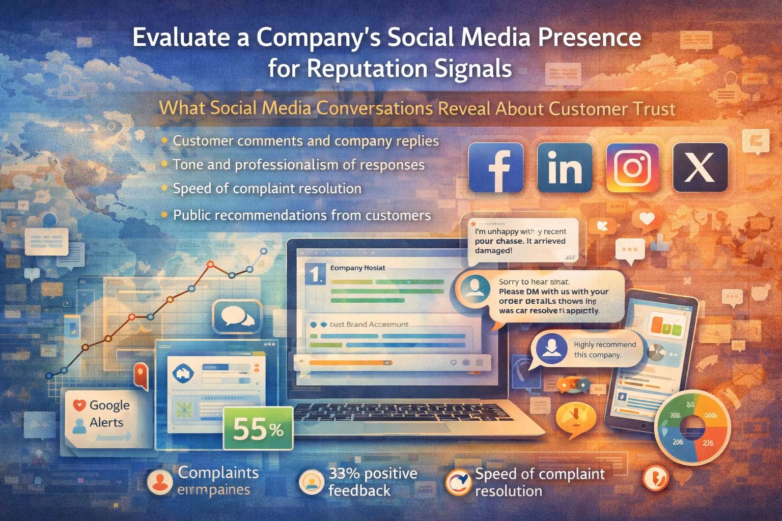 Social media activity reveals customer interactions, response quality, and real-time reputation signals.