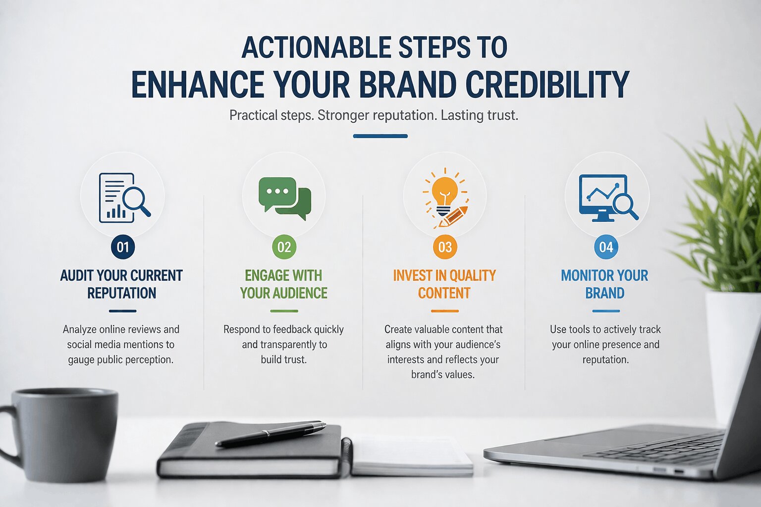 Enhance brand credibility through audits, engagement, quality content, and active reputation monitoring.