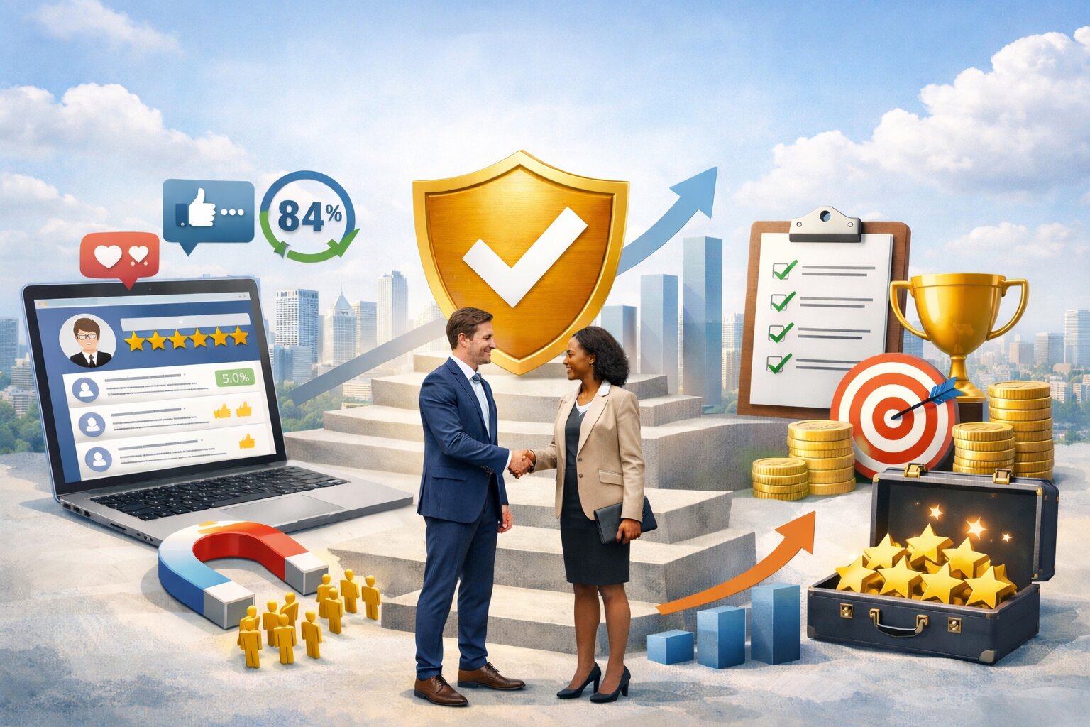 Build business credibility through trust, reviews, and consistent positive customer experiences. Build business credibility through trust, reviews, and consistent positive customer experiences.