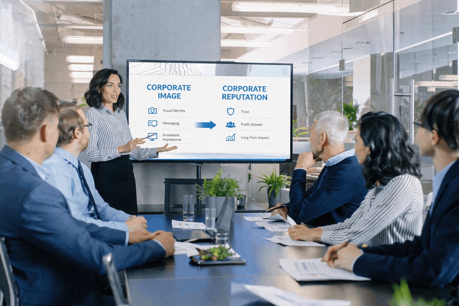 Corporate image shapes immediate perception, while corporate reputation reflects long-term trust and credibility.