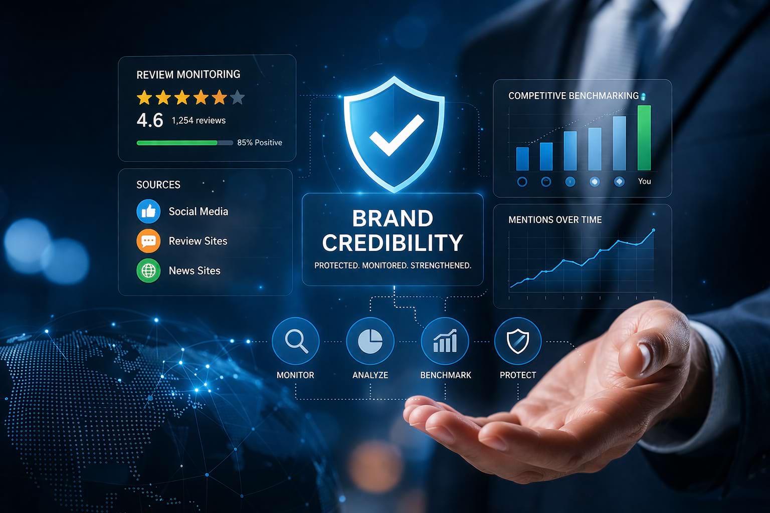 Credibility trackers monitor reviews, media, and competitors to protect and manage brand reputation.