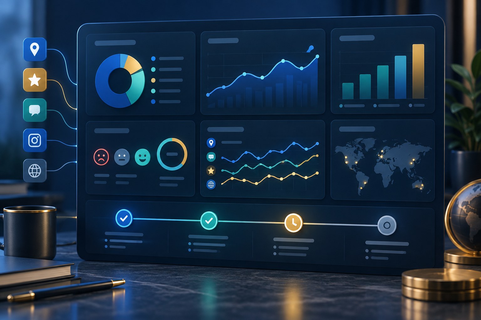 Dashboard showing review ratings, customer sentiment, search visibility, and response progress over time.