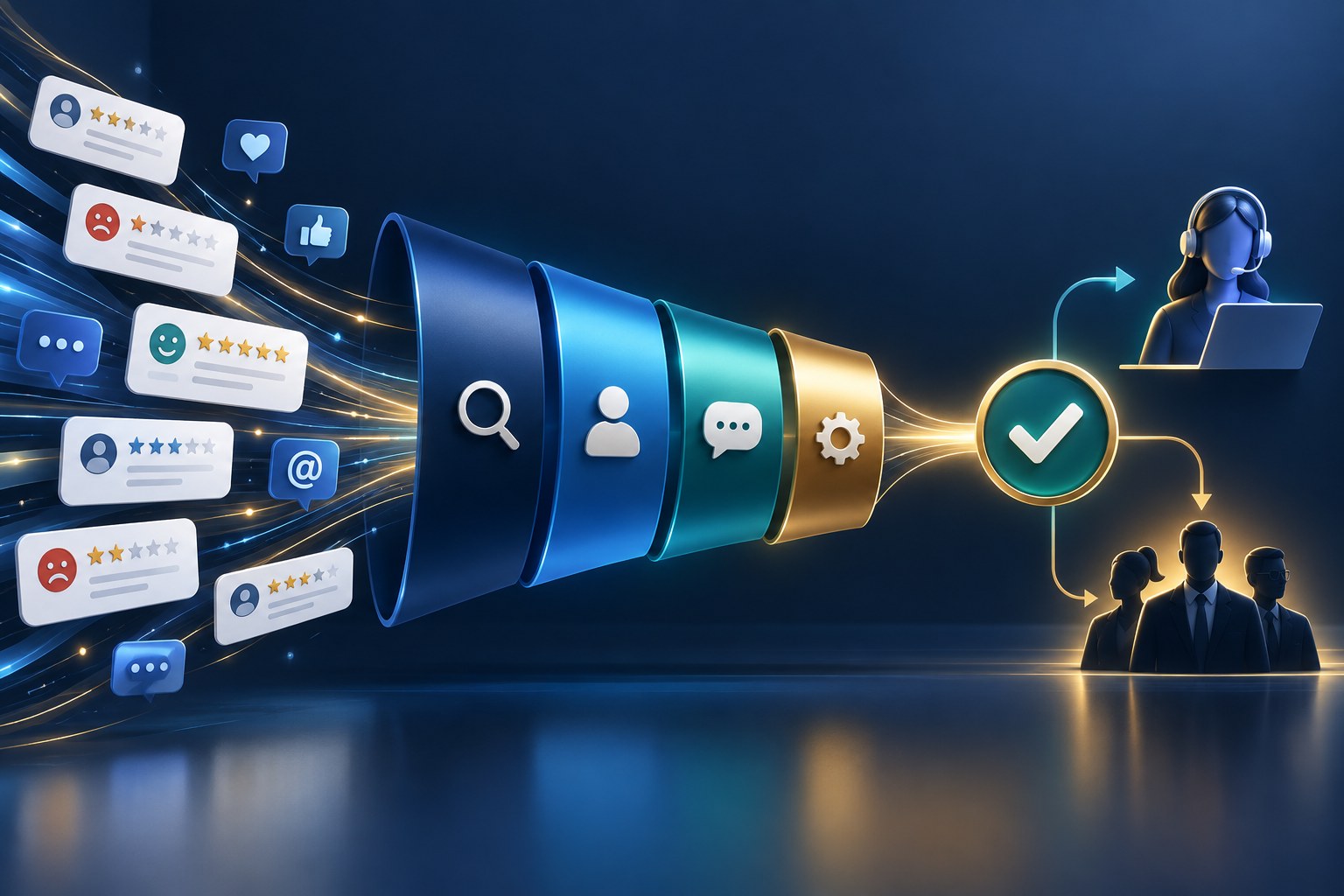 Customer reviews moving through a brand reputation response workflow for verification, assignment, and resolution.