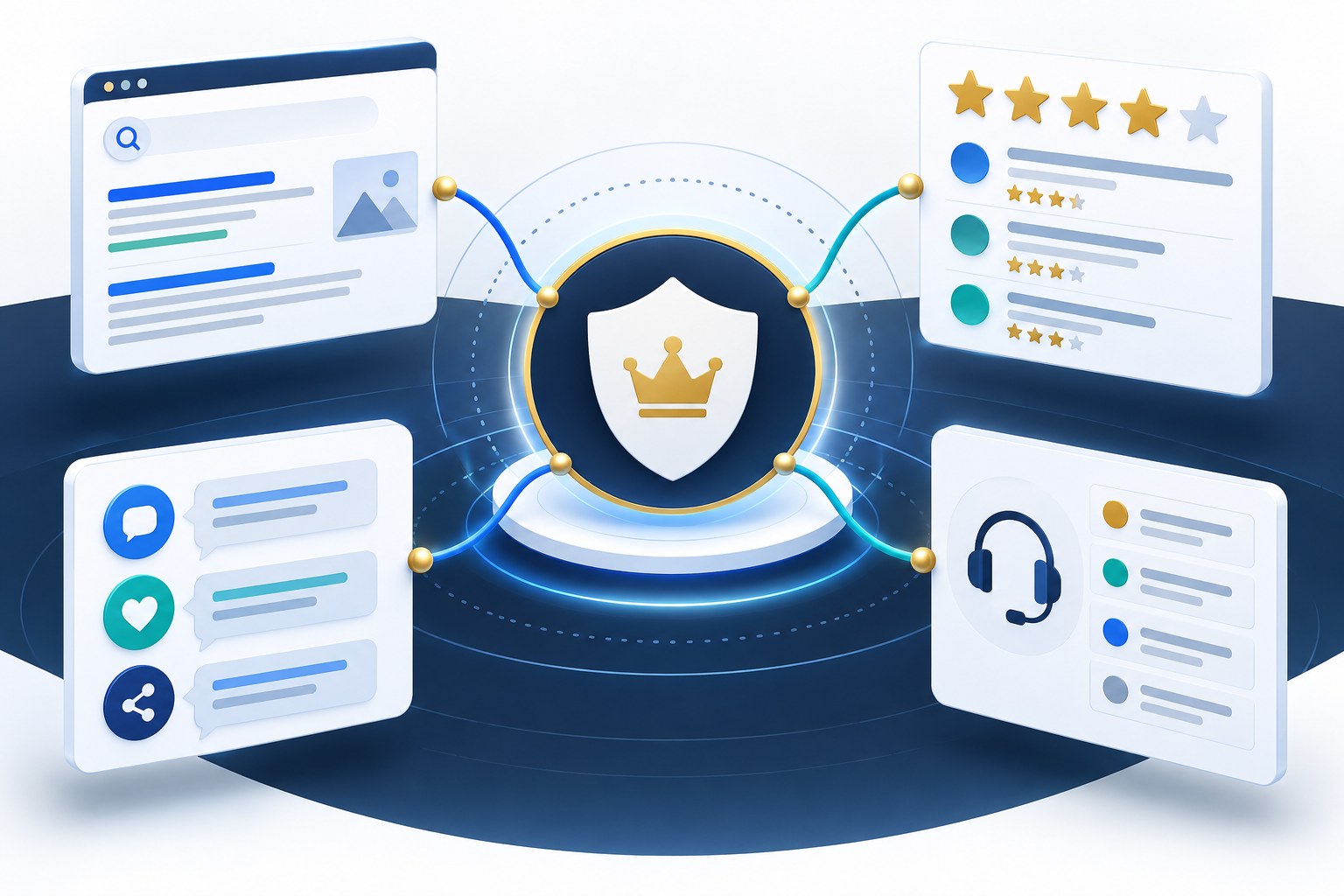 Diagram of brand trust signals across search results, reviews, social conversations, and customer support.