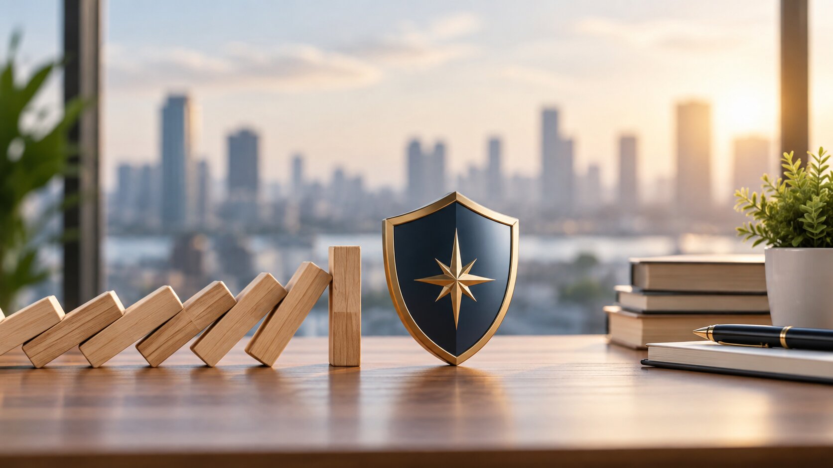 A protected reputation represented by a shield beside an urban skyline