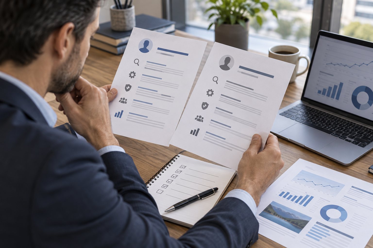 Business leader comparing reputation management proposals with a checklist and sample report