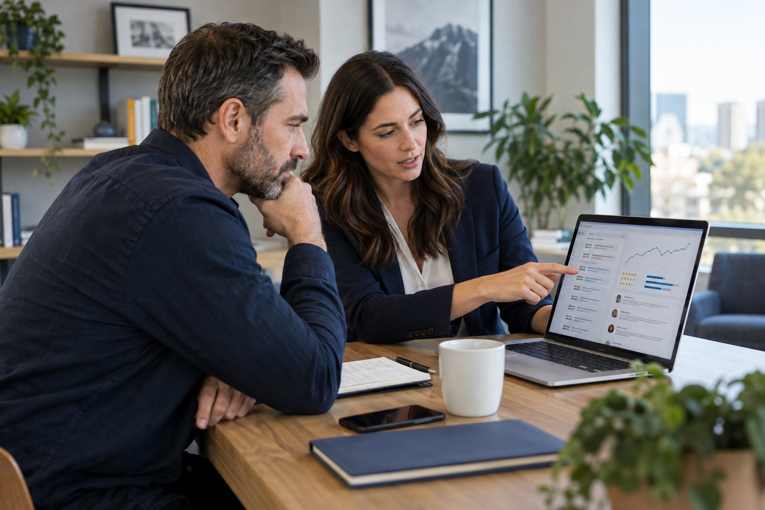 Business owner and analyst reviewing search results and customer review trends on a laptop