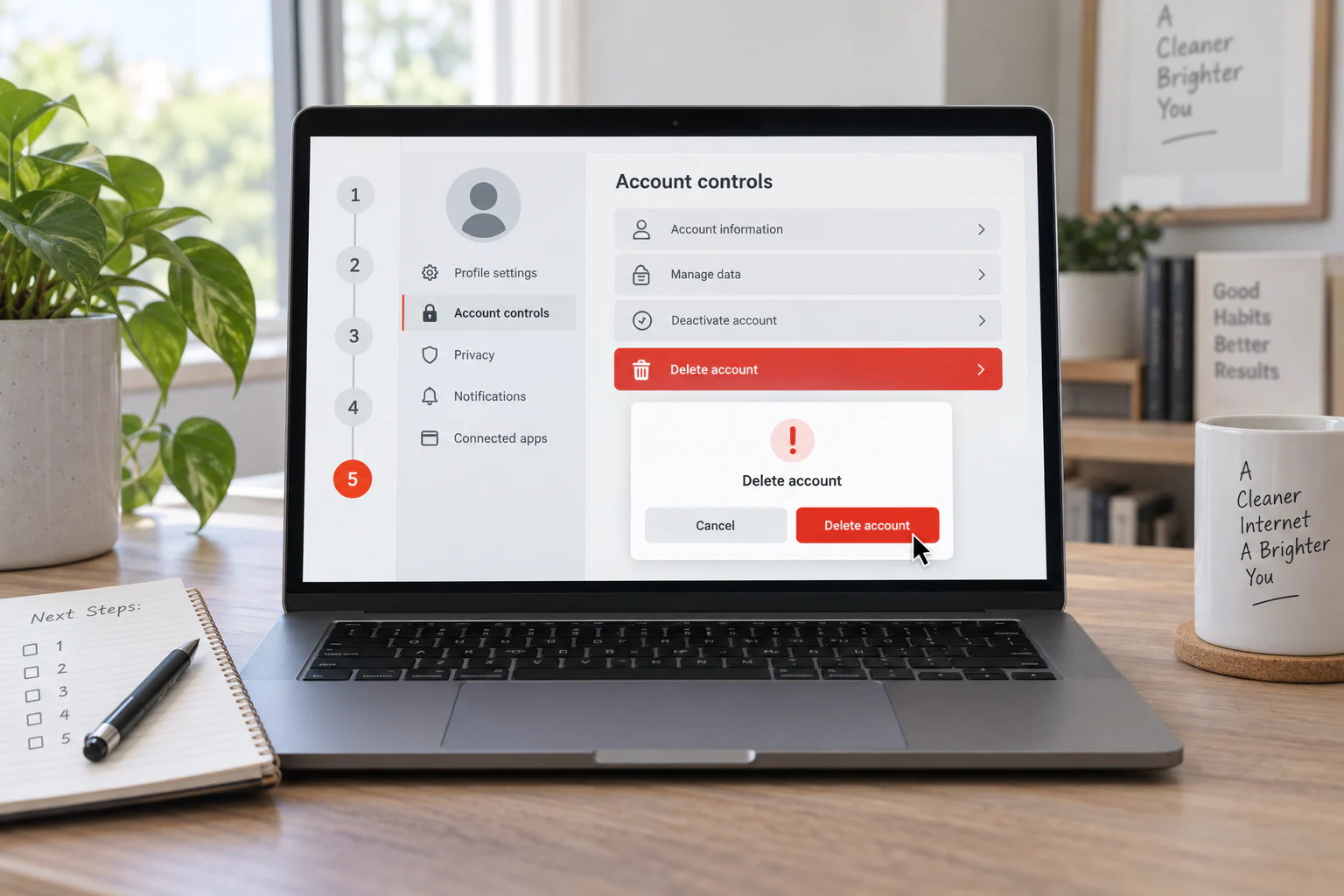 Account controls screen showing a five-step process to permanently delete an account
