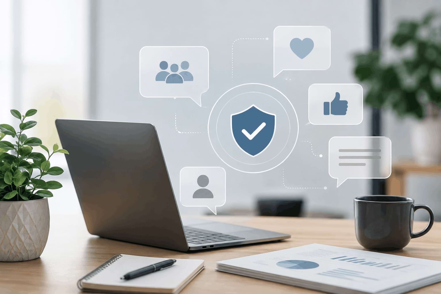 Digital trust and social engagement symbols above a workspace