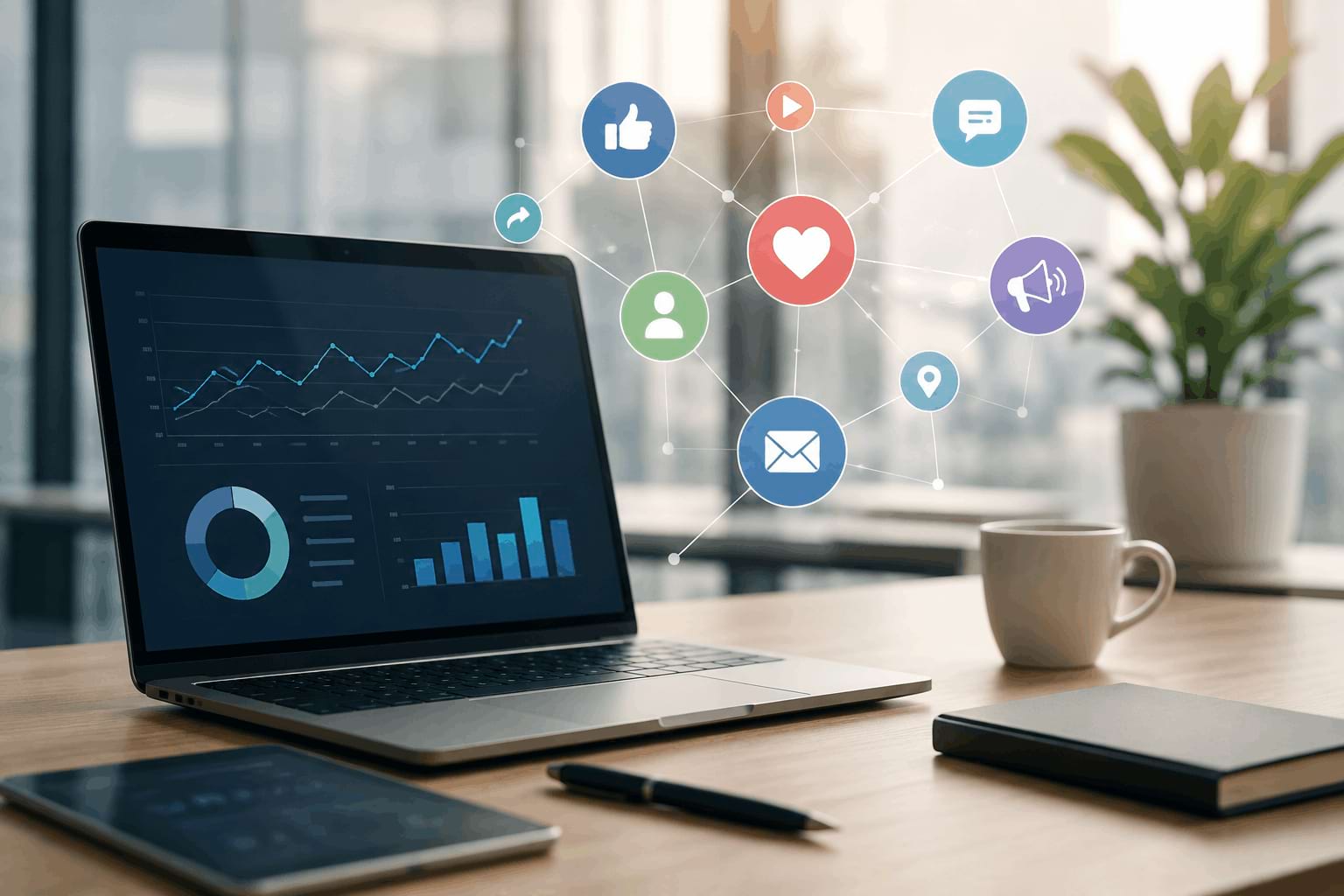 Social engagement and reputation metrics displayed beside a laptop