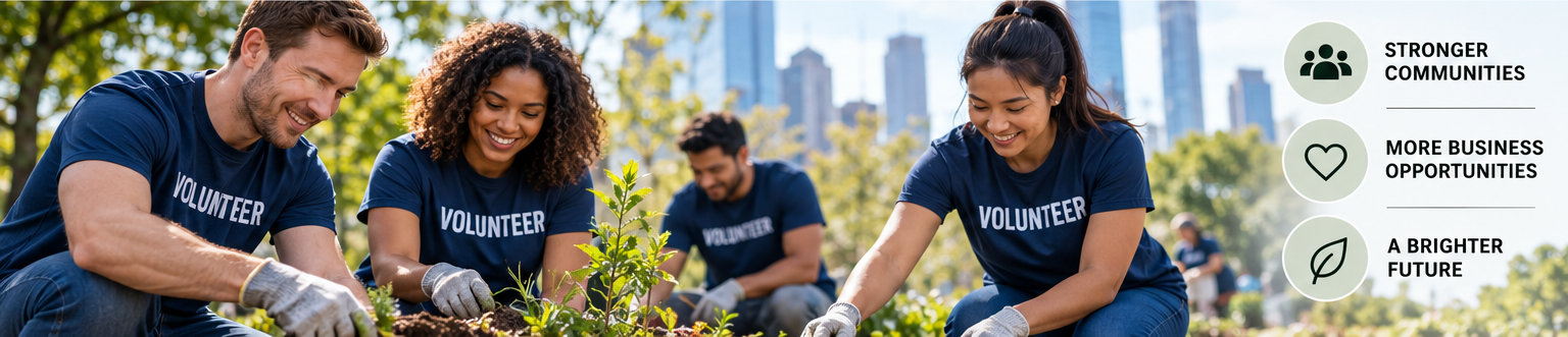 Volunteers planting trees together in a city park as an example of community involvement.