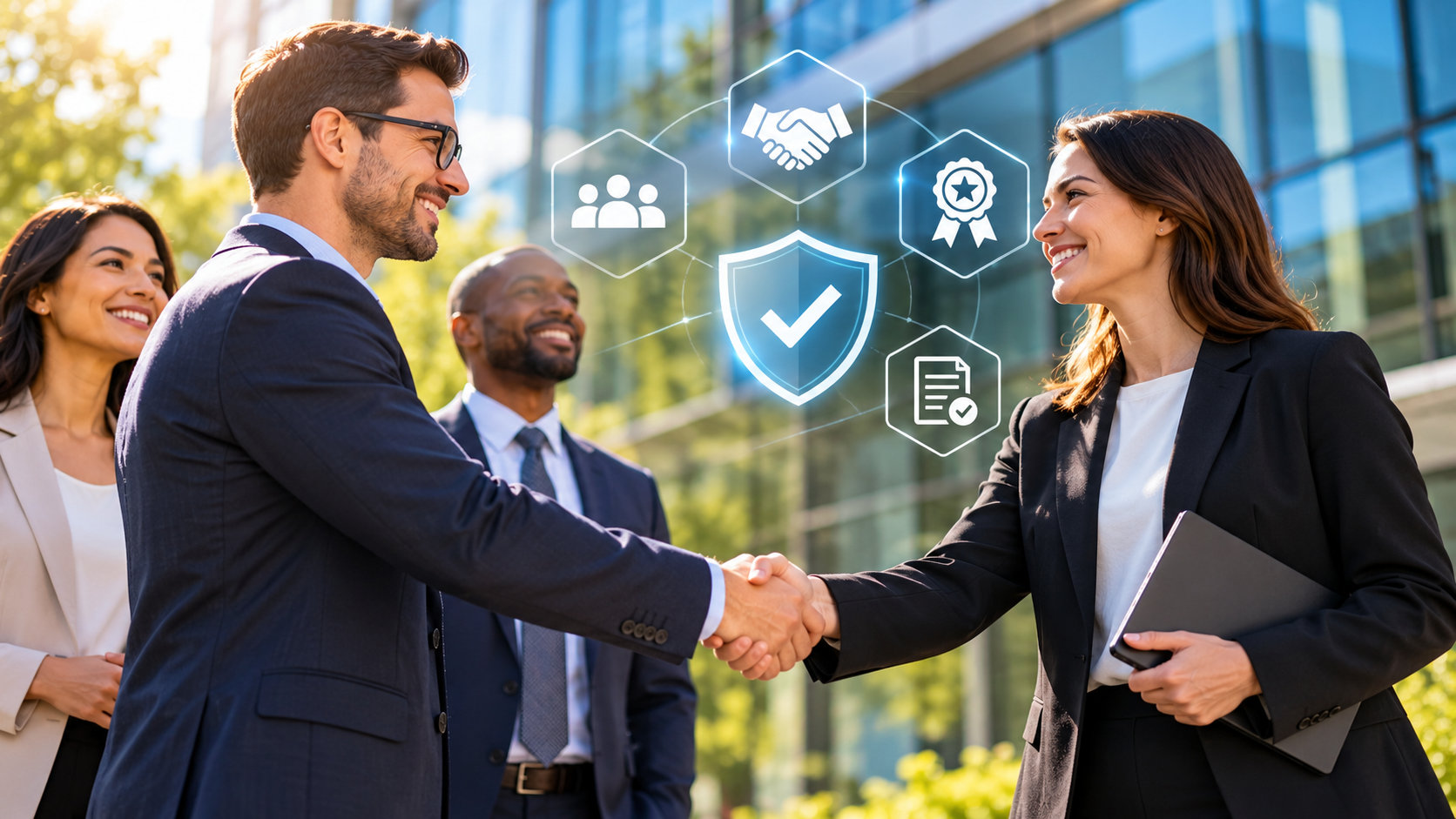 Business professionals greeting each other, with icons representing trust, partnership, and recognition.