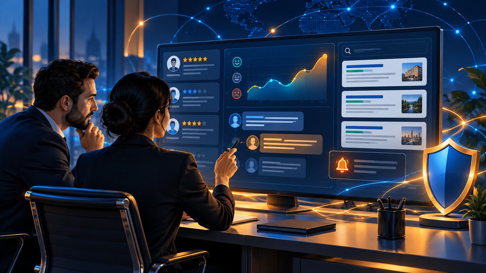 Dashboard illustration showing ongoing review, brand mention, and sentiment monitoring.