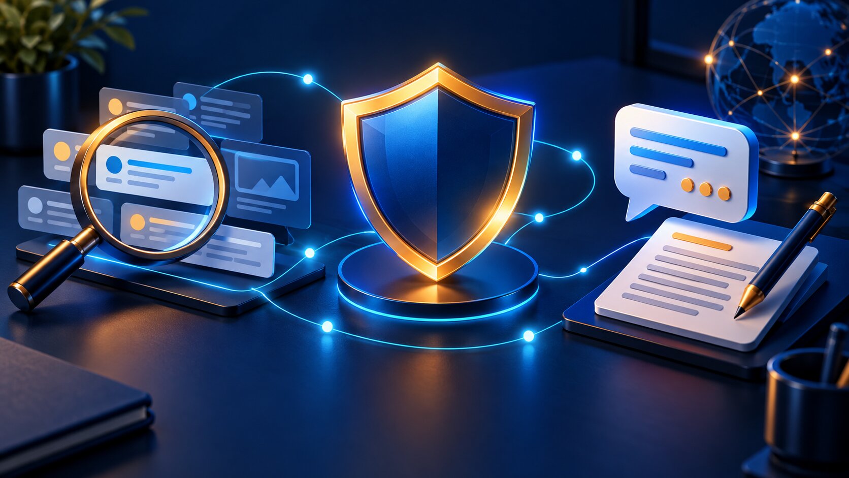 Illustration connecting monitoring, customer responses, content, and crisis planning services.