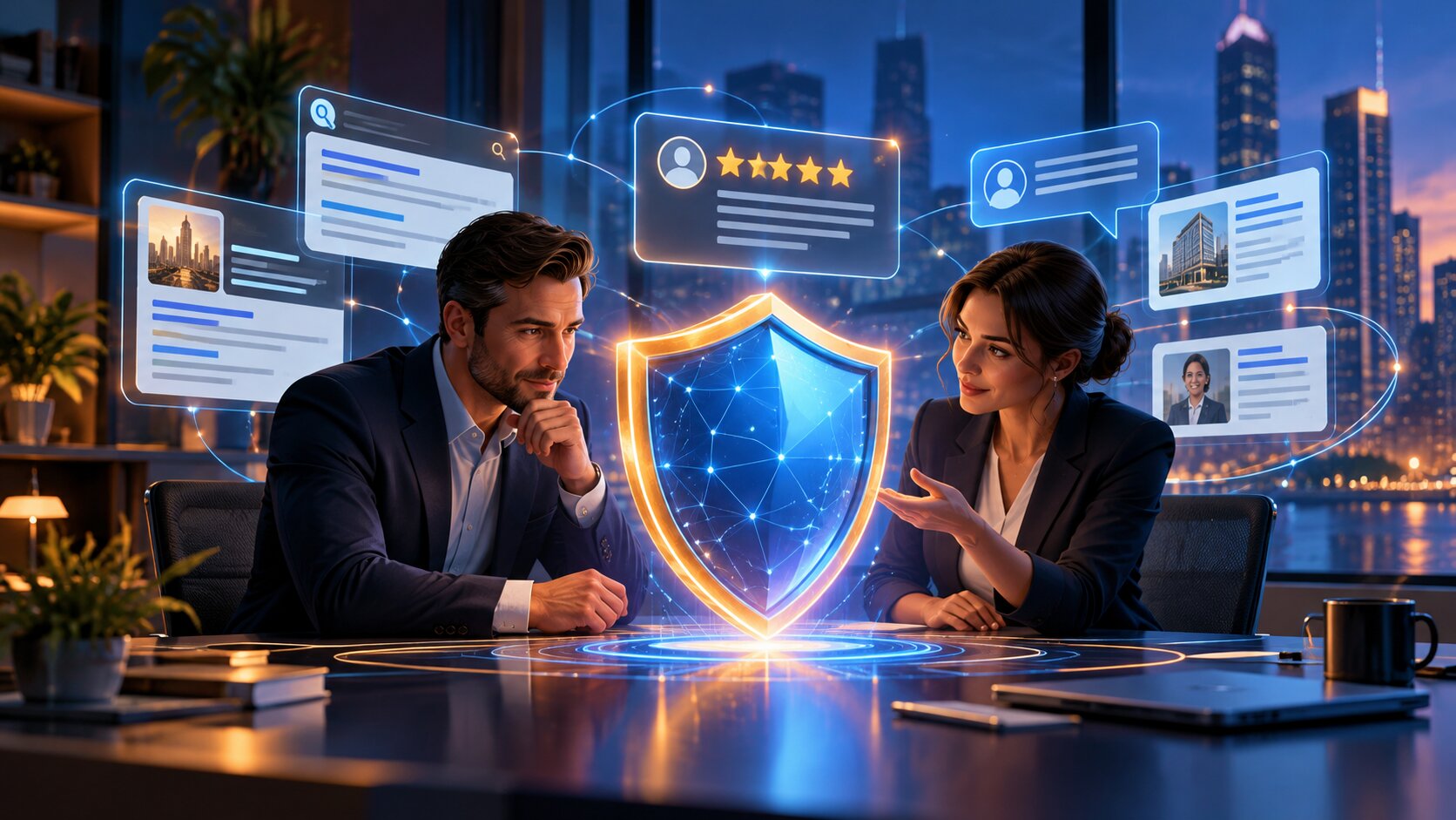 Consultant and business leader review search results and customer feedback around a digital shield.