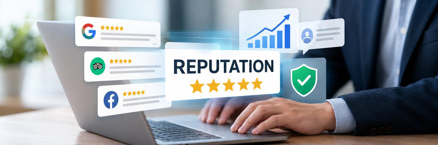 Online review cards and ratings shown beside a brand reputation dashboard and trust symbol