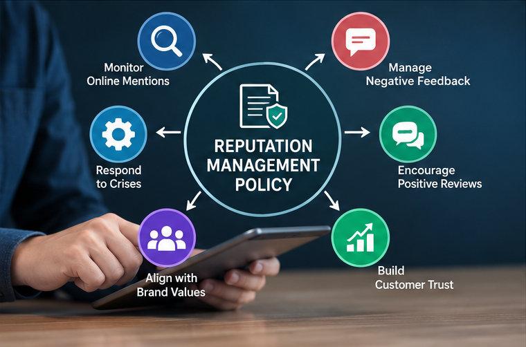 Reputation management policy diagram showing monitoring, feedback responses, reviews, brand values, and crisis response