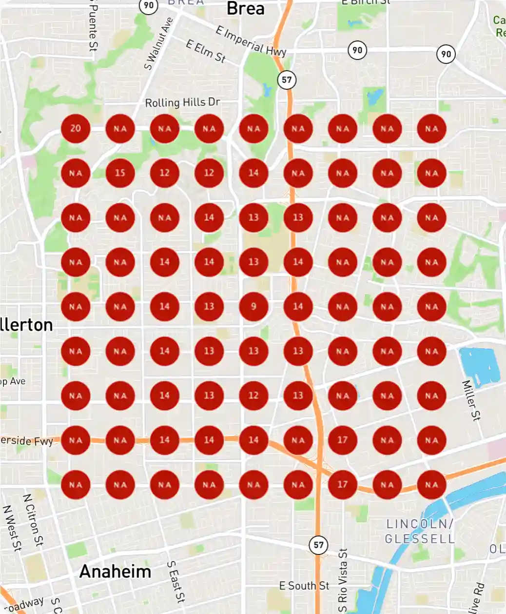 Baseline Google Maps rankings before campaign showing red pins and poor rankings