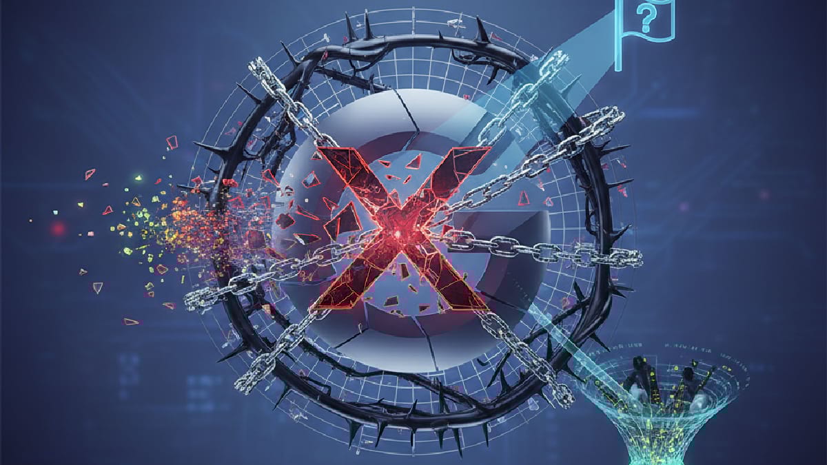 A broken chain forms an "X" across a circular barrier with digital grids, symbols, and glowing fragments. The image conveys themes of security and technology.