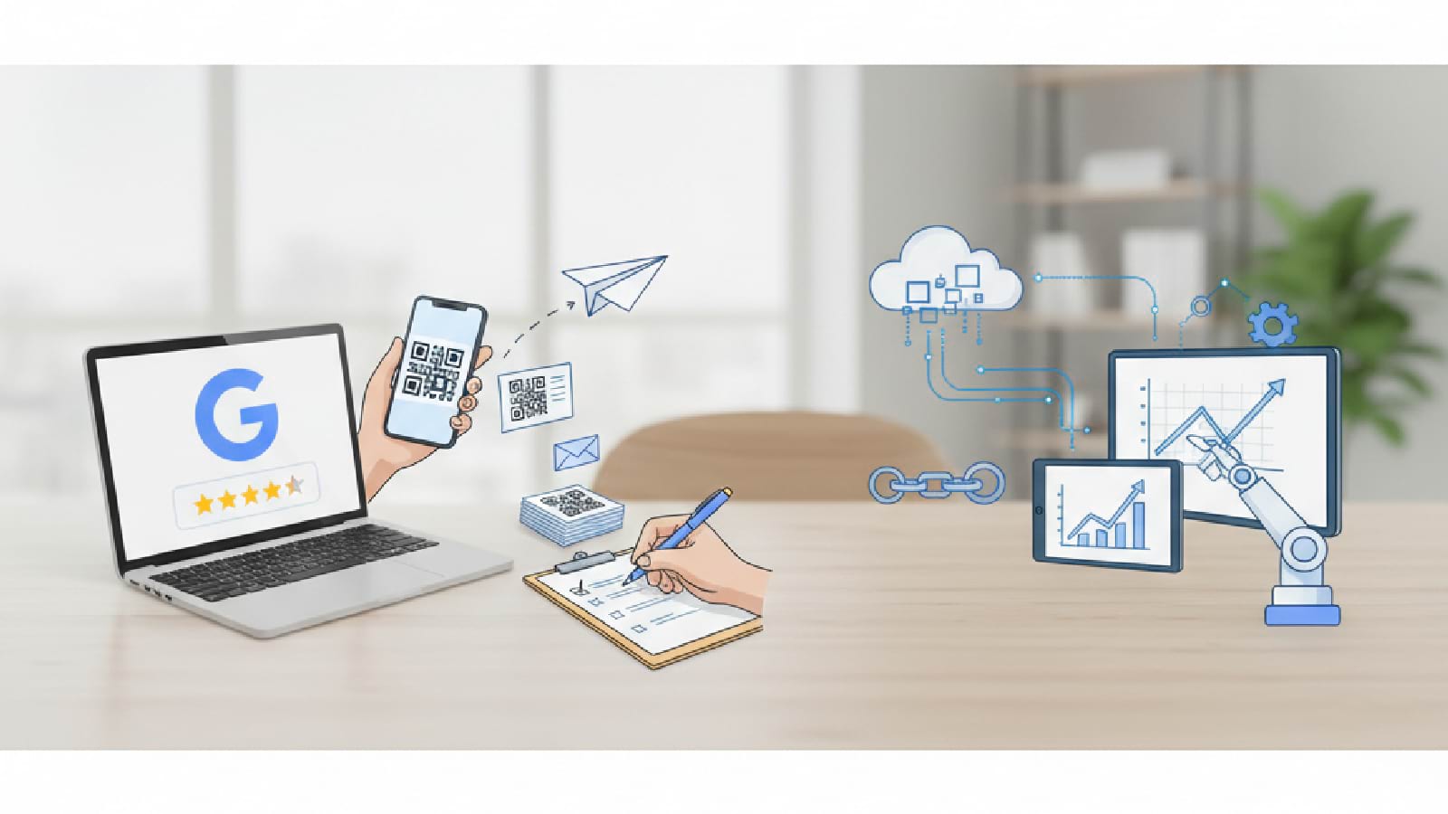 Illustration of a digital workspace with a laptop, QR code smartphone, and automation icons.