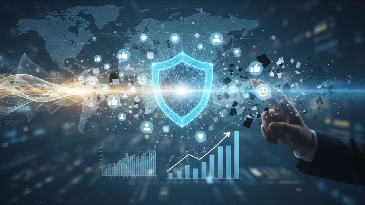 A hand interacts with a digital interface featuring a glowing shield, global map, social media icons, and data charts, symbolizing cybersecurity.