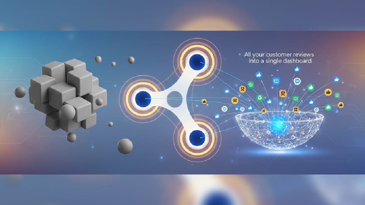 Abstract image showing a transition from scattered gray cubes to a network funneling into a digital dashboard. Text reads, "All your customer reviews into a single dashboard.