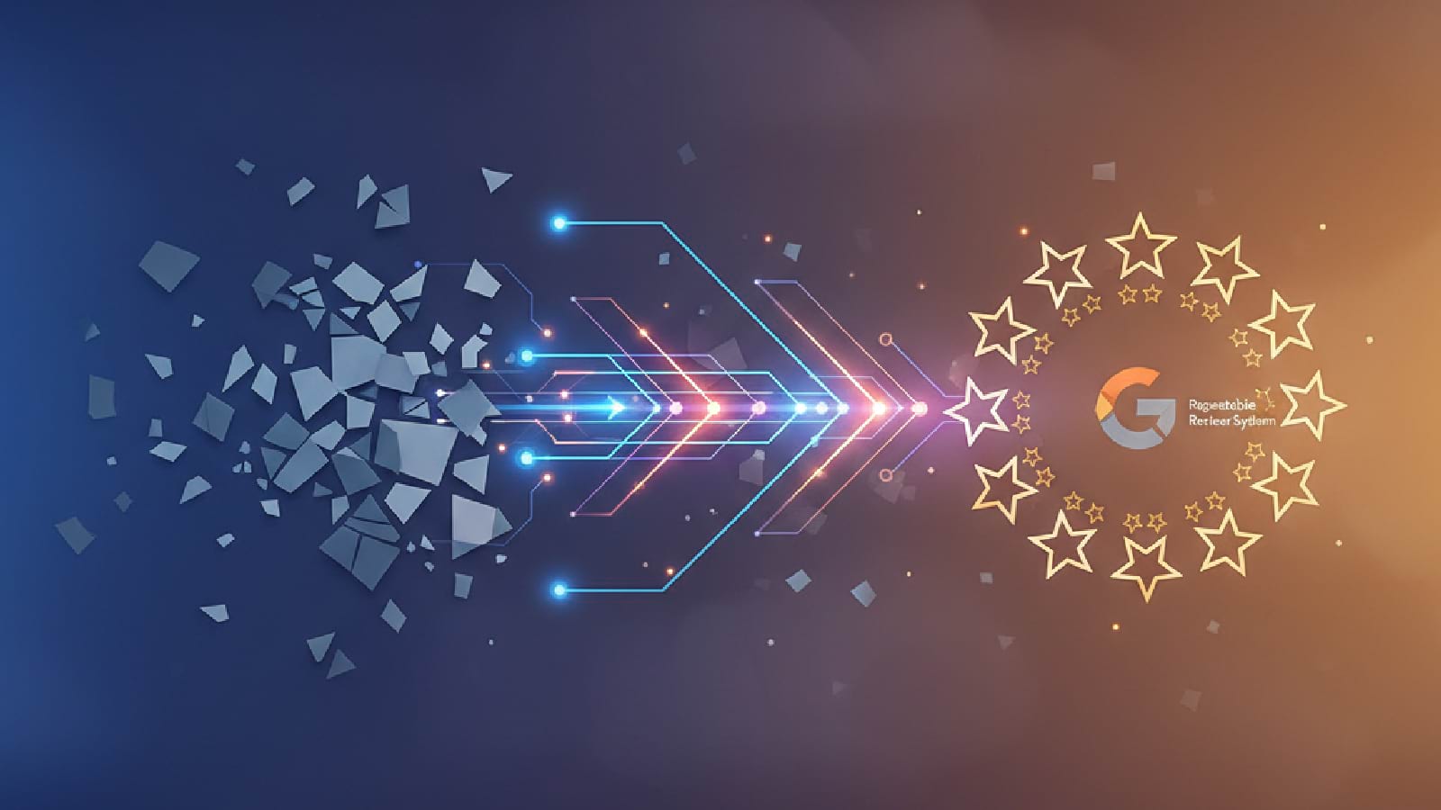 Abstract digital art of shattered forms evolving into glowing arrows and stars.