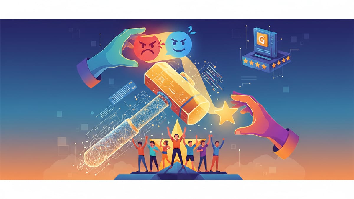 Illustration of diverse people on a mountain cheering as a magnifying glass reveals an angry emoji, while hands hold a hammer and a star sparkles.
