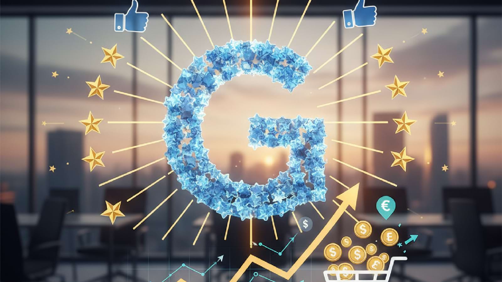 Colorful "G" leads to treasure chest filled with gold coins, surrounded by upward arrows, stars, and a shopping cart, symbolizing success and growth.