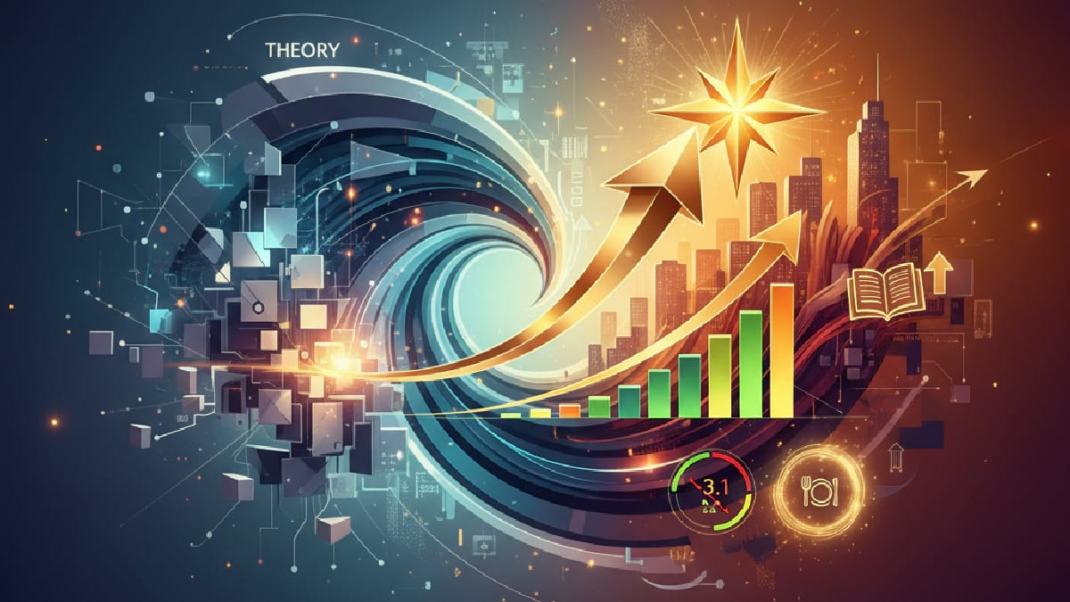 Abstract illustration of a vortex evolving into upward arrows and bar graphs, symbolizing growth.