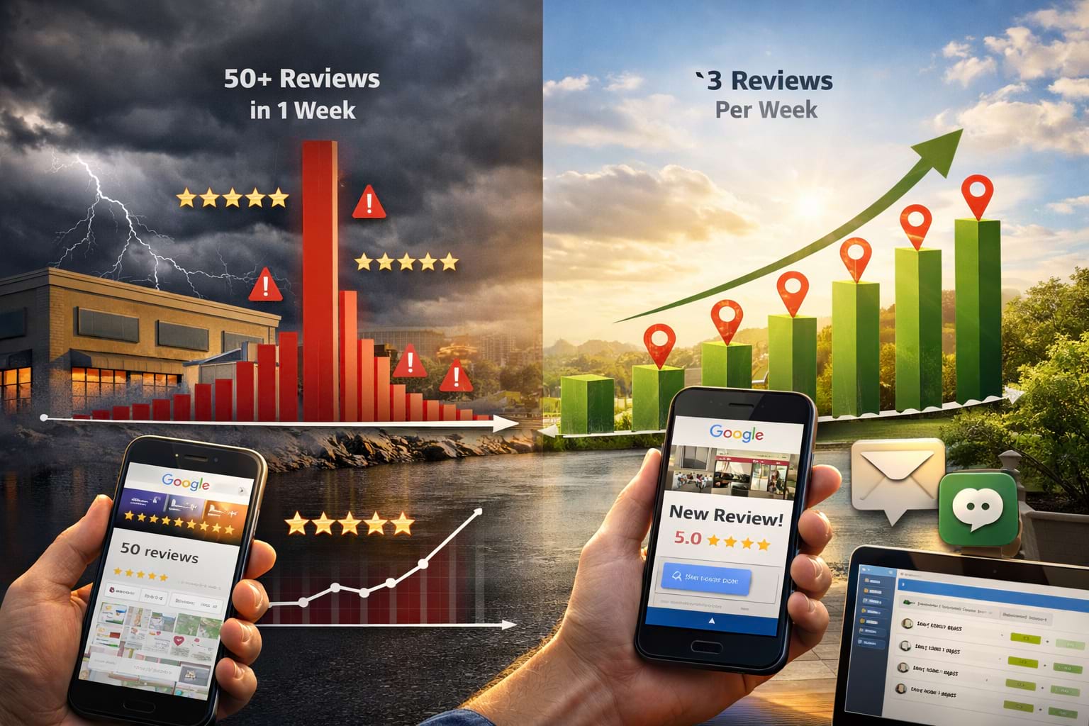 A split image contrasts a stormy decline (50+ reviews/week) with a serene sunrise growth (3 reviews/week), shown via hands holding phone notifications.