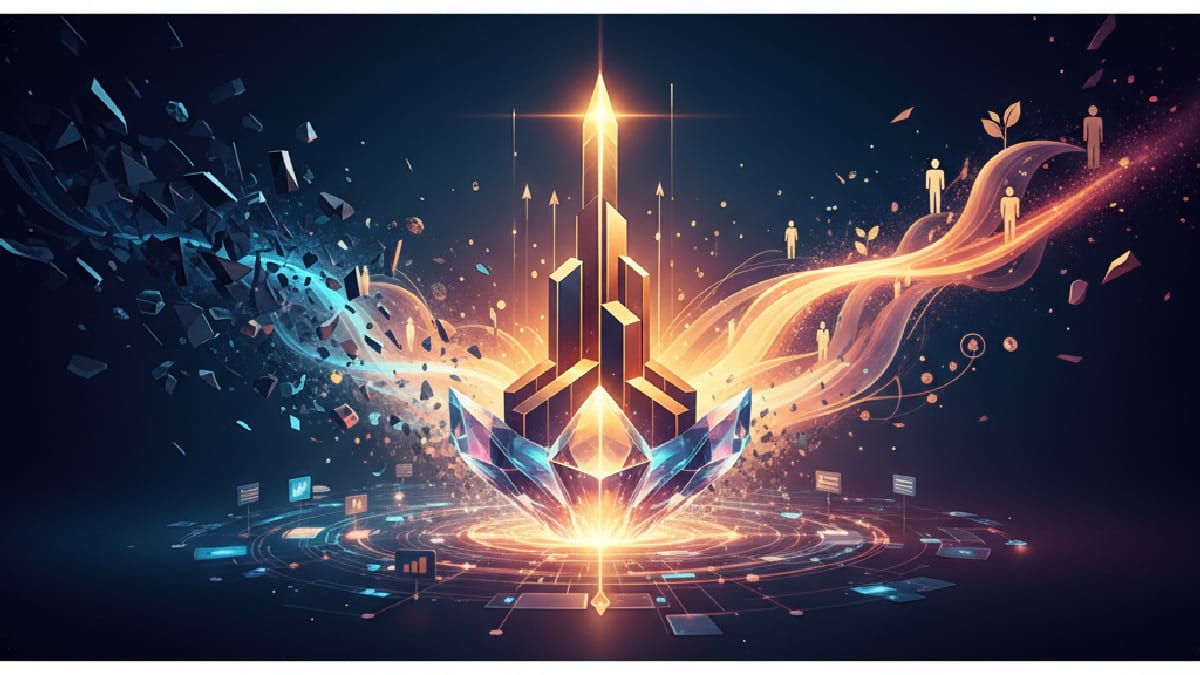 Futuristic digital artwork with glowing geometry, blue and orange energy waves, symbolizing growth and innovation.