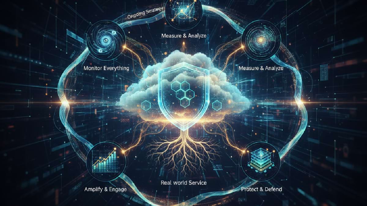 A digital cloud with glowing circuits and a central shield represents cybersecurity, surrounded by strategy icons on a dark tech background.