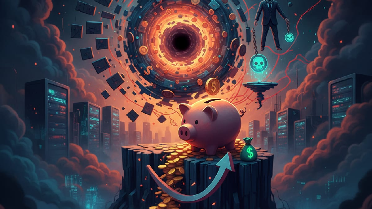 Futuristic scene with a piggy bank on a coin pile, surrounded by skyscrapers. A mystical vortex swirls above, emitting papers and currency symbols.