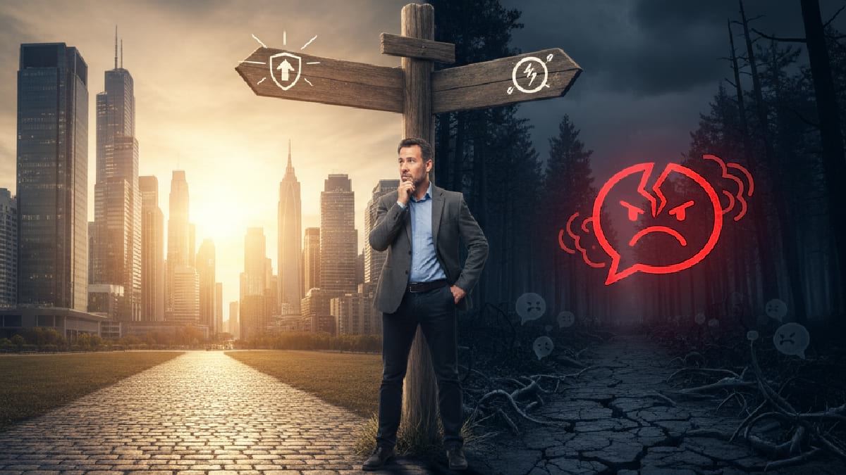 A man stands at a crossroads with a cityscape and sunrise on the left and a dark forest with angry emojis on the right, contemplating his path.