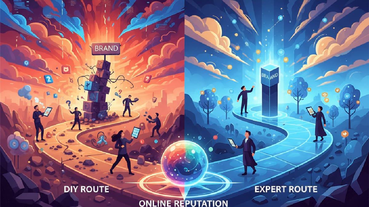 Split scene contrasting a chaotic DIY route with a calm, guided expert path.