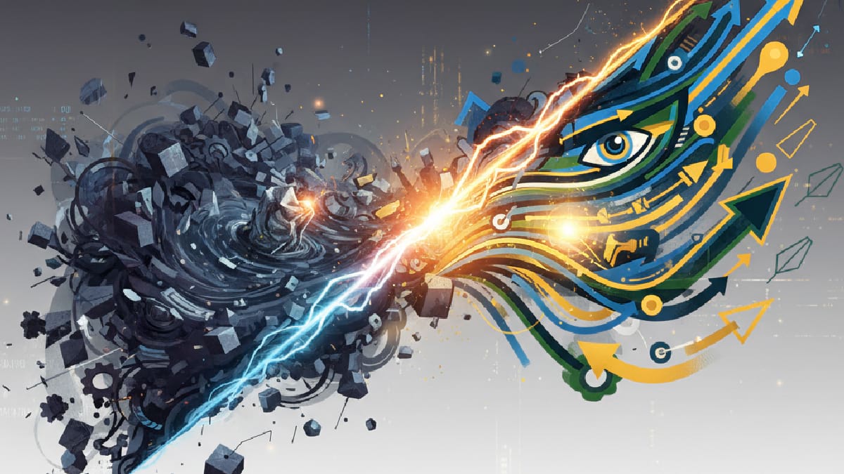 Abstract image contrasting chaos and order, with dark swirling forms on one side and colorful flowing lines with an eye on the other, divided by lightning.