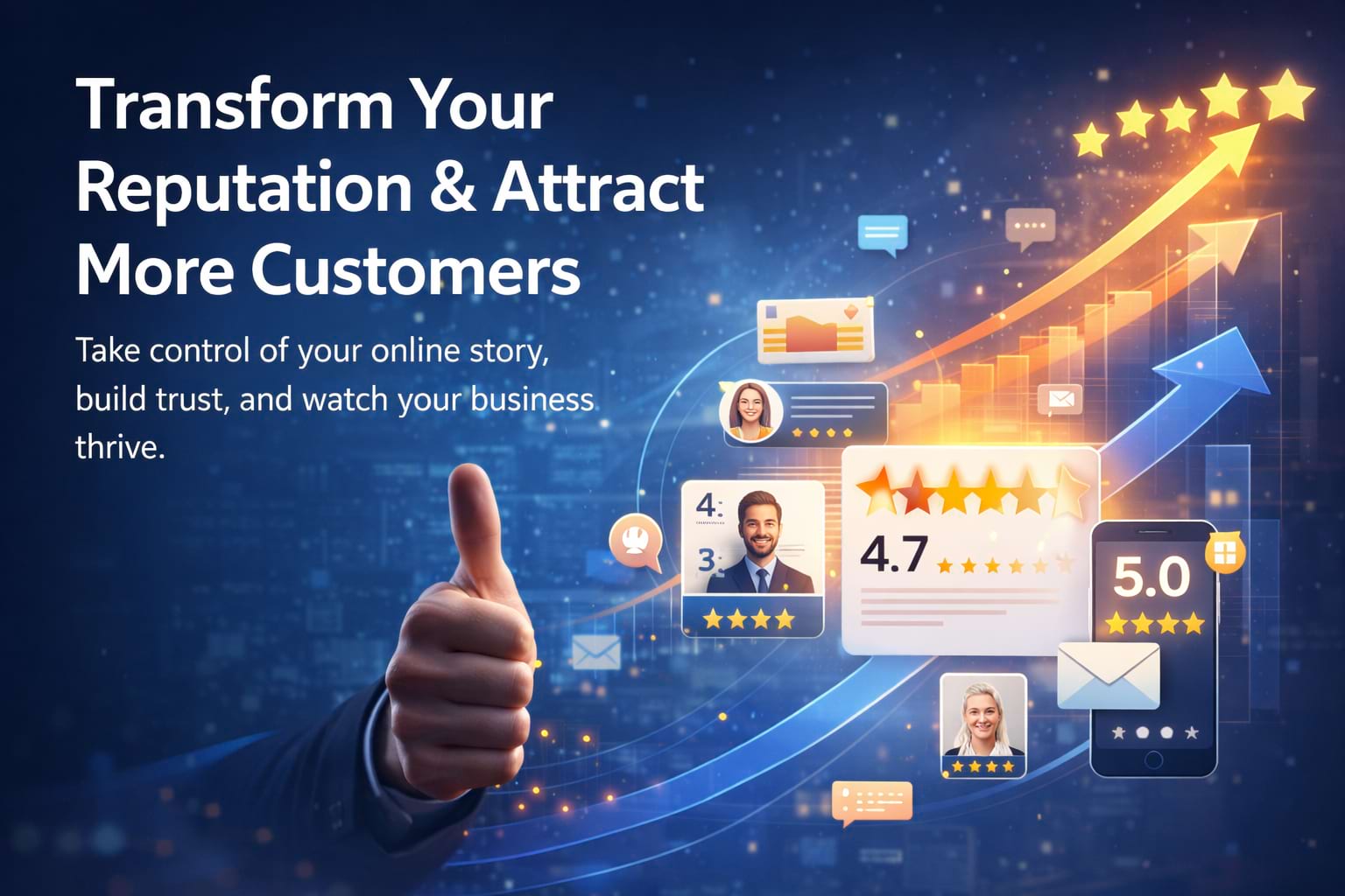 Digital illustration of a thumbs-up with stars, ratings, and chat bubbles, symbolizing reputation growth and customer attraction.