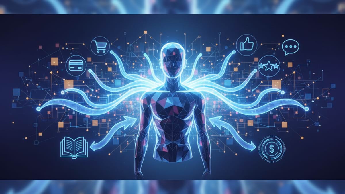 A polygonal human figure stands with glowing tentacles extending outward, surrounded by icons of social media, finance, and education, symbolizing connectivity.