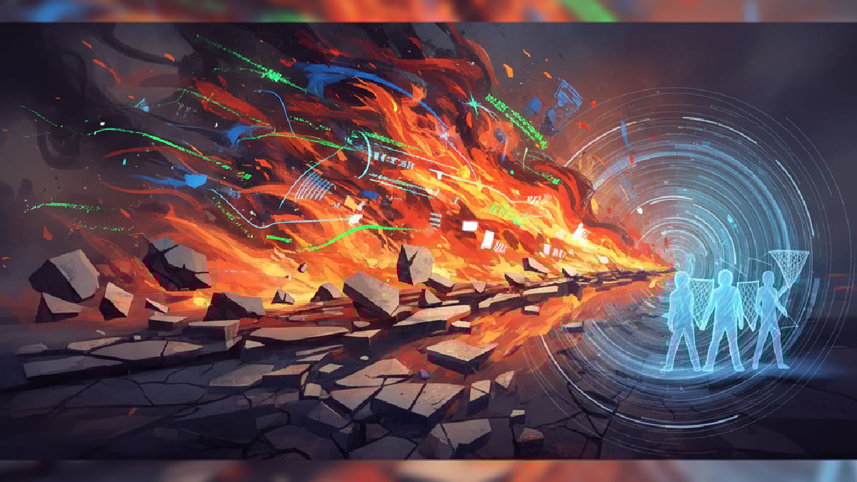 Futuristic illustration contrasting digital chaos with protected blue figures.