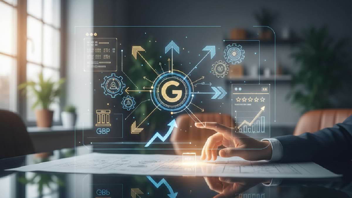 A person in a suit touches a futuristic digital interface with a central "G" symbol, surrounded by arrows, graphs, and currency symbols on a desk in an office.