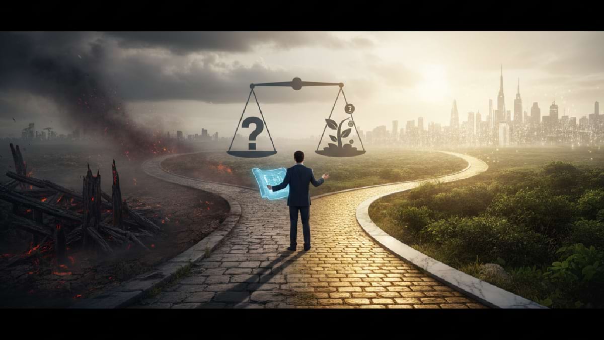 Illustration of a man choosing between destruction and a thriving city, symbolizing strategic decision-making.